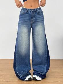 SHEIN EZwear 藍色拼接寬腿寬鬆水洗牛仔褲 - 藍色 - 查看 5