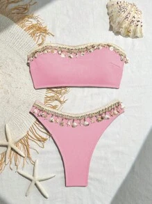 Swim SXY Springbreak 女式露背镂空后背交叉系带贝壳海星泡泡纱比基尼套装 - 粉色 - 查看 4