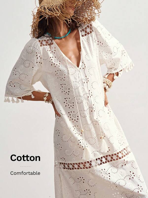 Bohemela Women's Boho Maxi Dress White Cotton V-Neck Half Sleeve Tassel Detail Eyelet Embroidery Comfortable Summer Beach Dress
