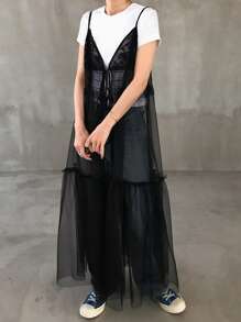 FRIFUL Đầm hai dây lưới màu trơn dành cho nữ, trang phục đi nghỉ hè, đầm thường ngày cho nữ. - màu đen - Xem 4