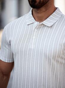 Manfinity CasualCool Men's Striped Short Sleeve Polo Shirt And Drawstring Waist Shorts Set, Men Two Pieces Sets - Coffee Brown - View 5