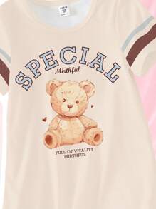 2pcs/Set Girls Sweet Minimalist Elegant Solid Pink/Apricot Base Cartoon Teddy Bear & Cowboy Short Sleeve Crew Neck Maxi Nightgown & Homewear Loungewear Set - White - View 4