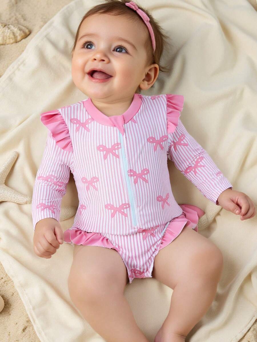 Baby Girl Bowknot Striped Ruffled One-Piece Swimsuit With Zipper Swimsuit Long Sleeve Girls Swimsuit Kids Swimsuits Long Sleeve Kids Swimsuit Long Sleeve Girls Long Sleeve Swim Suits Swim Suit For Girls Long Sleeve