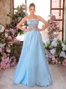 Glamrae 优雅华丽的浅蓝色亮片刺绣仿珍珠链异形露肩领腰部缎纹缝合超大女士正式晚礼服、派对礼服、礼服，适合晚会、婚礼宾客 - 淺藍色 - 查看 4