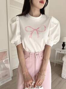 DAZY Women's Round Neck Short Sleeve Bow Print Casual Top, Everyday Wear,Graphic Tees,Back To School Clothes - White - View 2