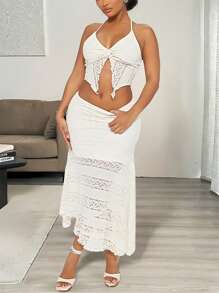 INAWLY Canotta da donna oversize con collo alla halter, orlo con fettuccia e senza maniche