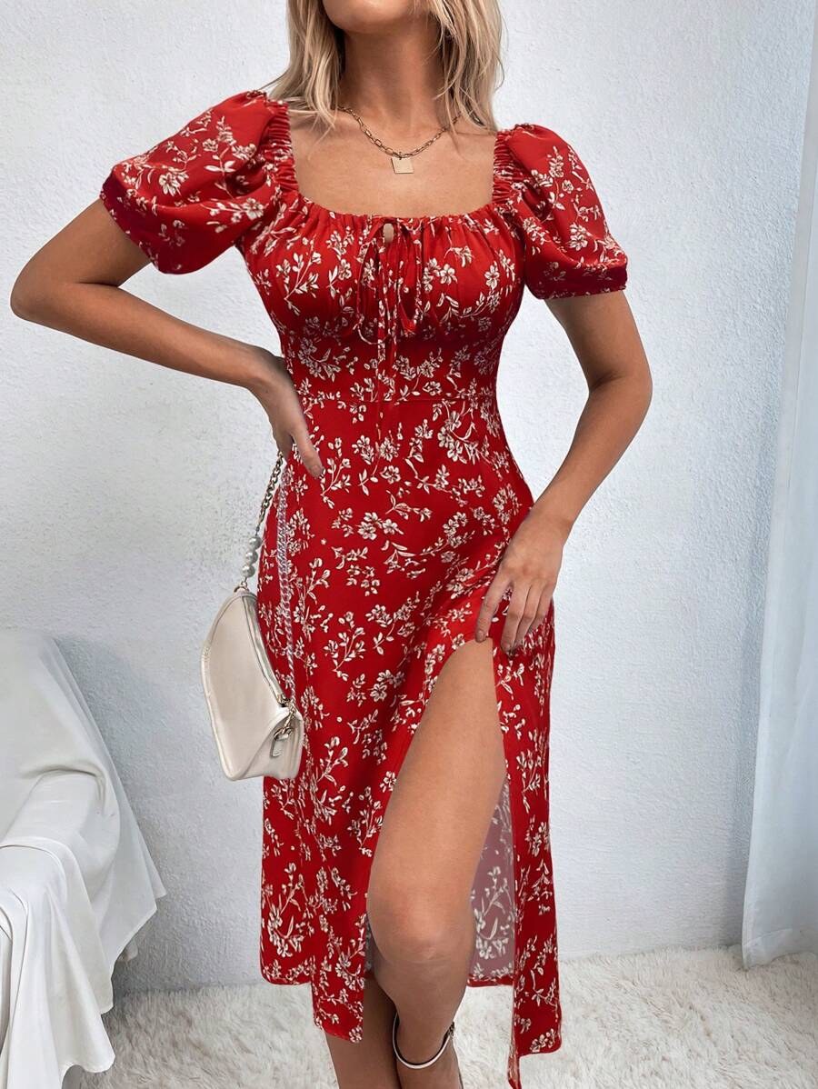 Breezaya 优雅浪漫碎花印花开衩系带连衣裙