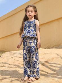 SHEIN 2 件套年轻女孩花卉编织圆领无袖荷叶边下摆衬衫上衣和宽松休闲编织阔腿花卉长裤，春夏休闲度假复古可爱，妈妈和女儿和姐妹搭配。搭配家庭度假，复古玫瑰植物花卉。，适合女孩日常穿着、节日、度假、节假日、家庭聚会和特殊场合。