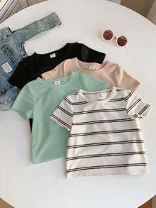 SHEIN 4 件套男婴/女婴可爱休闲百搭针织弹力条纹长袖上衣，适合春夏季室内外穿着 - 彩色 - 查看 6