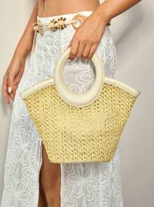 SHEIN BAE Bohemian Fishnet Beach Tote Bag, Vacation Style - Apricot - View 1