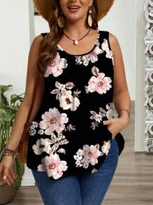 SHEIN CURVE+ Plus Size Casual Minimalist Sleeveless Racerback Tank Top Suitable For Going Out - Multicolor - View 3