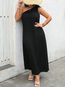 Vestido largo de un solo hombro en unicolor, talla grande, vestimenta casual de verano para mujer