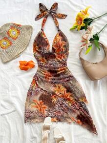 Soleia 女士花卉豹纹百褶露背迷你连衣裙，夏季度假 - 彩色 - 查看 7