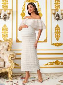 SHEIN 优雅孕妇露肩荷叶边下摆夏季连衣裙 - 白色 - 查看 8