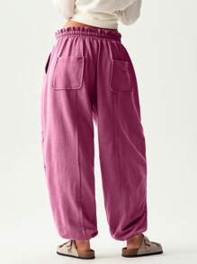 Bohemela Women's Casual Solid Color Knit Loose Drawstring Sweatpants - Hot Pink - View 2