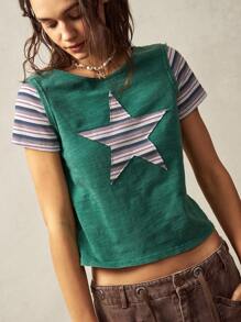 Bohemela BOHO Fitted Women's T-Shirt With Solid Color Knit Round Neck, Patchwork Star Print, Short Sleeve, Rustic Style