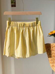 Comfortcana Plus Size Yellow Plaid Wide Leg Loose Holiday Casual Pants, Summer - Yellow - View 4