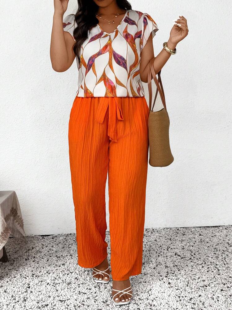 SHEIN Frenchy Comfortable Summer Plus Size 2pcs Set With Pockets Vacation, Bowknot Waistband And Leaf Pattern - Orange - View 3