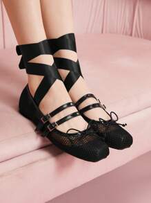 CUCCOO DOLLMOD Giày bệt Mary Jane mũi vuông thắt nơ thời trang cho nữ, thiết kế mới sành điệu - màu đen - Xem 2