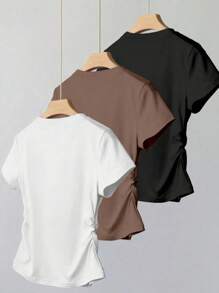 Camiseta casual versátil de mujer de unicolor, cuello redondo, manga corta y plisada