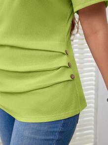 SHEIN LUNE Camiseta casual de cuello en V talla grande en color albaricoque, minimalista y de moda, apta para el verano