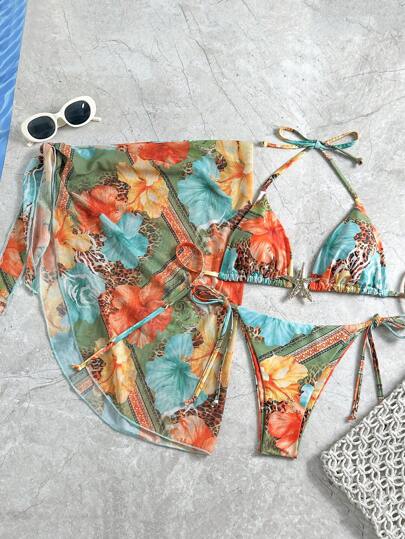 Swim Vcay 3pcs/Set Women's Summer Random Print Spaghetti Strap Starfish Decor Mini Skirt & Beach Bikini Set