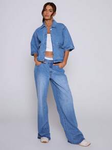 MUSERA Áo denim dáng rộng, cổ bẻ, cài cúc phía trước, tay lửng, thích hợp cho mùa hè, các buổi hòa nhạc, lễ hội, tiệc tùng, thời trang đường phố, đi học, công sở, mùa thu, mùa xuân. - Màu xanh lam - Xem 4