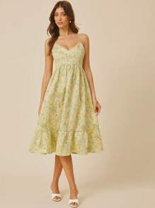 L'Amorae Women's Floral Print Ruffle Trim Camisole Holiday Dress - Green - View 4