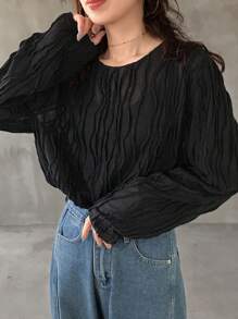 FRIFUL 女式白色宽松圆领衬衫，纹理面料休闲上衣长袖上衣 - 黑色 - 查看 4