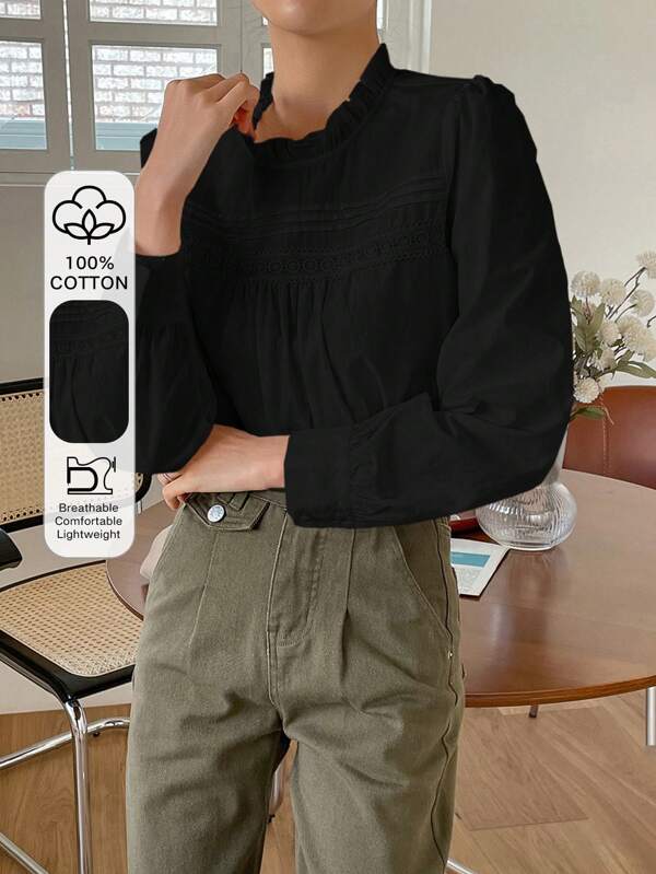 DAZY Women's Lace Trim Stand Collar Long Sleeve Fitted Blouse