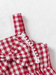 SHEIN Mono Mono para bebé niña con volantes y lazo a cuadros rojos, para verano