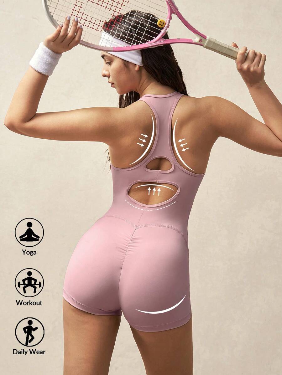 VARSIVA 1pc Women's Solid Color Hollow Back Daily Fitness Sports Romper - Pink - View 1