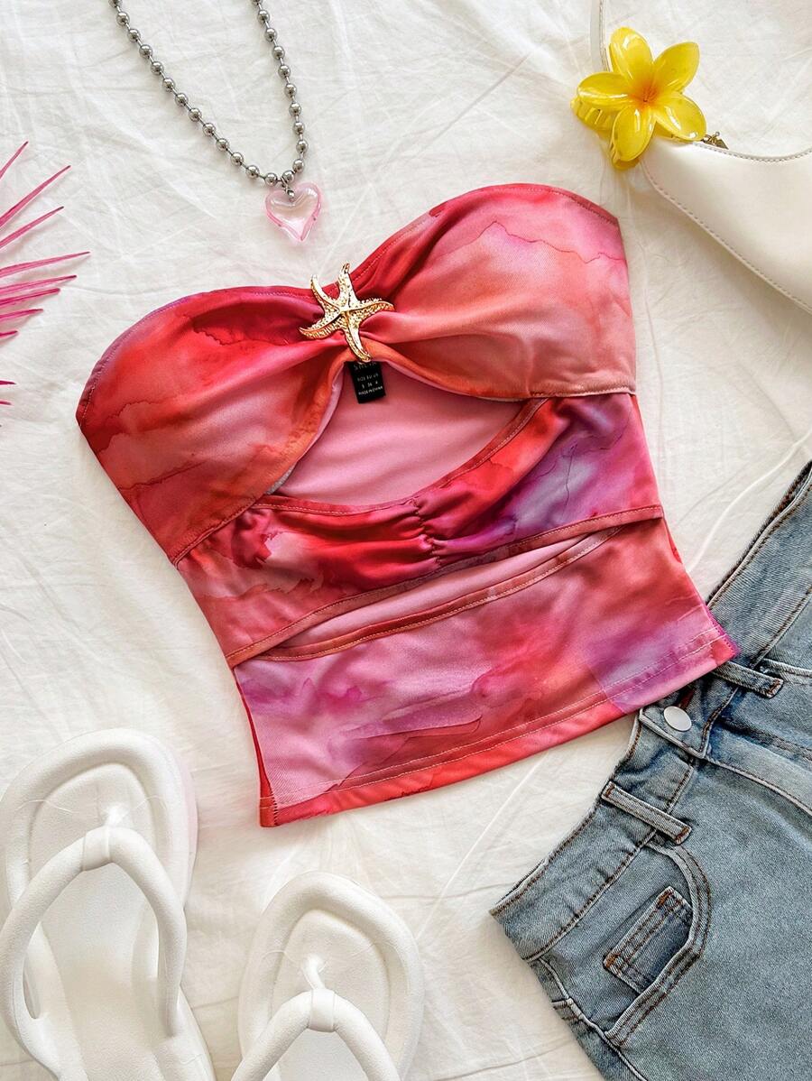 Soleia Damen Urlaubs Sexy Cut Out Ausschnitt Rüschen Metall Seestern Dekor Batik Muster Netz Figurbetontes Top, geeignet für Party, Musikfestival, Strand, Karneval, Sommer Bandeau Top