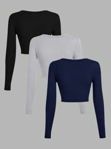 SHEIN EZwear 3 件套黑色、灰色和深蓝色 U 领修身短袖 T 恤，适合夏季 - 彩色 - 查看 2