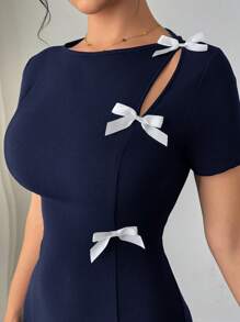 Vestido ajustado con decoración de lazo, de manga corta, elegante, romántico y de estilo para oficina y para mujeres - Azul marino - Ver 6