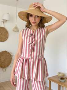 INAWLY Bộ 2 món trang phục giản dị không tay kẻ sọc ôm vừa vặn - Hồng - Xem 4