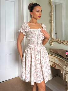 SHEIN PETITE Textured Fabric Off Shoulder Puff Sleeve Ruffle Trim Short Dress For Women