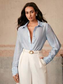 Anewsta 优雅花卉蕾丝边春夏薄款透明长袖女式衬衫，法式浪漫商务休闲复古风格 - 淺藍色 - 查看 7