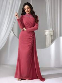 Coutiva Women Stand Collar Faux Pearl Long Evening Gown, Wedding Guest Dress Dress, Party Dress, Formal Dress