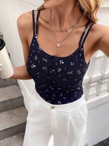 SHEIN LUNE Women Casual Knitted Ribbed Ditsy Floral Bodysuit With Spaghetti Strap, Everyday Basic Outfit, Summer - Black - View 1