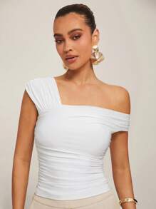 Silquee Tee-shirt mode ajusté avec plis, col asymétrique, couleur unie pour femmes