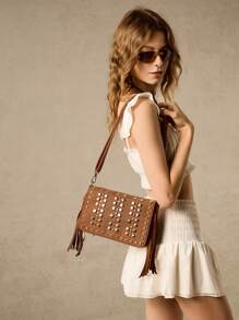 SHECARRY Women's Studs & Tassel Decorated Shoulder Bag, Minimalist & Multi-Functional - Brown - View 1