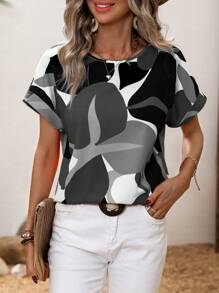 SHEIN Clasi Women's Casual Plant Printed Round Neck Batwing Sleeve Shirt, Vacation/Holiday - Multicolor - View 4