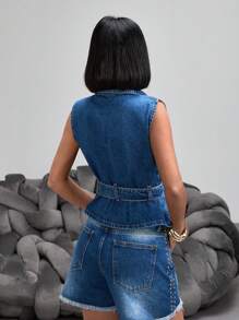 EURMUSE SLEEVELESS DENIM GREY VEST WITH BELT - Dark Wash - View 3
