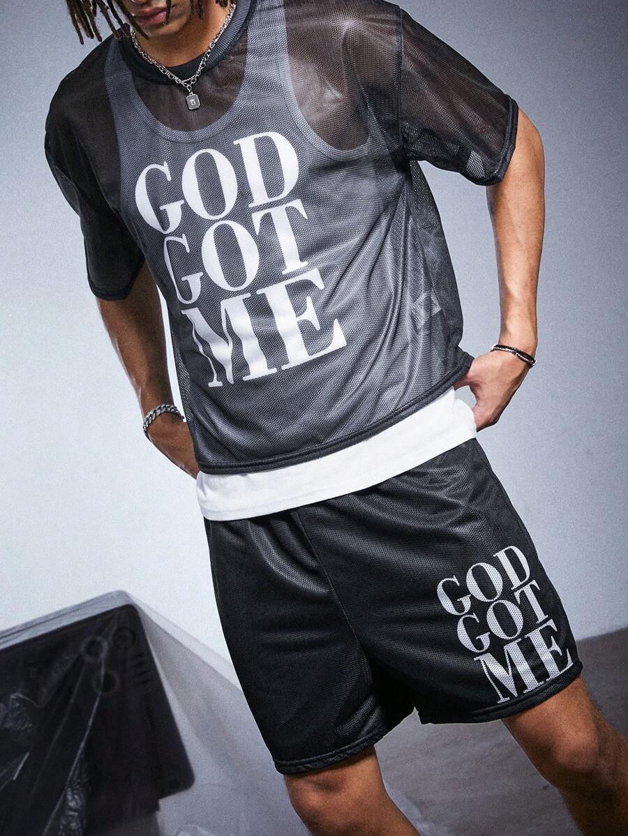 PAVTROS Manfinity Streetrush Men's Mesh Fabric "GOD GOT ME" T-Shirt Set , Men Clothes Men T Shirt Co Ords - Black - View 1