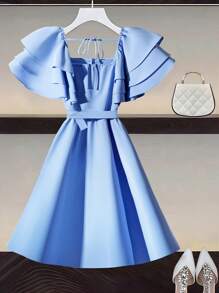 Franclia Elegantes mehrlagiges Rüschenärmel-Kleid mit quadratischem Ausschnitt und Gürtel in A-Linie für Damen im Business-Stil