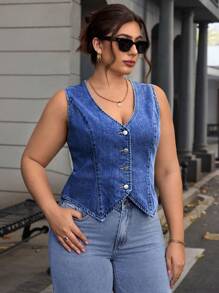 SHEIN Essnce Plus Size Casual Washed Front Button Sleeveless Denim Jacket