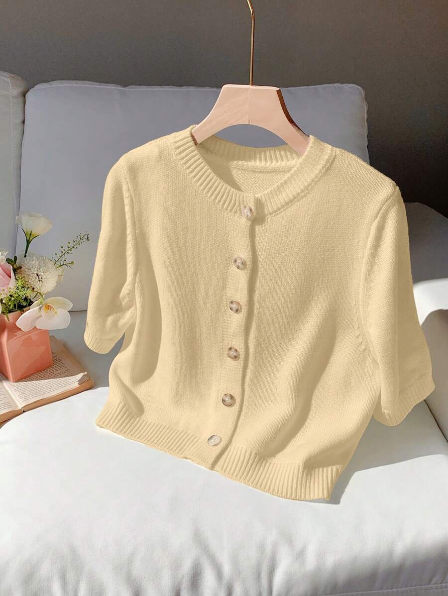 Comfortcana قميص قصير الأكمام أحادي اللون للنساء، أنيق ومناسب للربيع والخريف قطعة واحدة - أصفر - مشاهدة 1