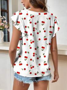 SHEIN LUNE Blusa de mujer de talla grande de verano con cuello redondo, mangas con volantes y estampado de cerezas - Blanco - Ver 2