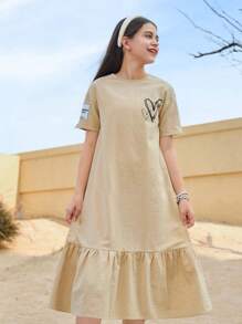 SHEIN Tween Girls Loose Casual Round Neck Ruffle Heart Pattern Short Sleeve Dress